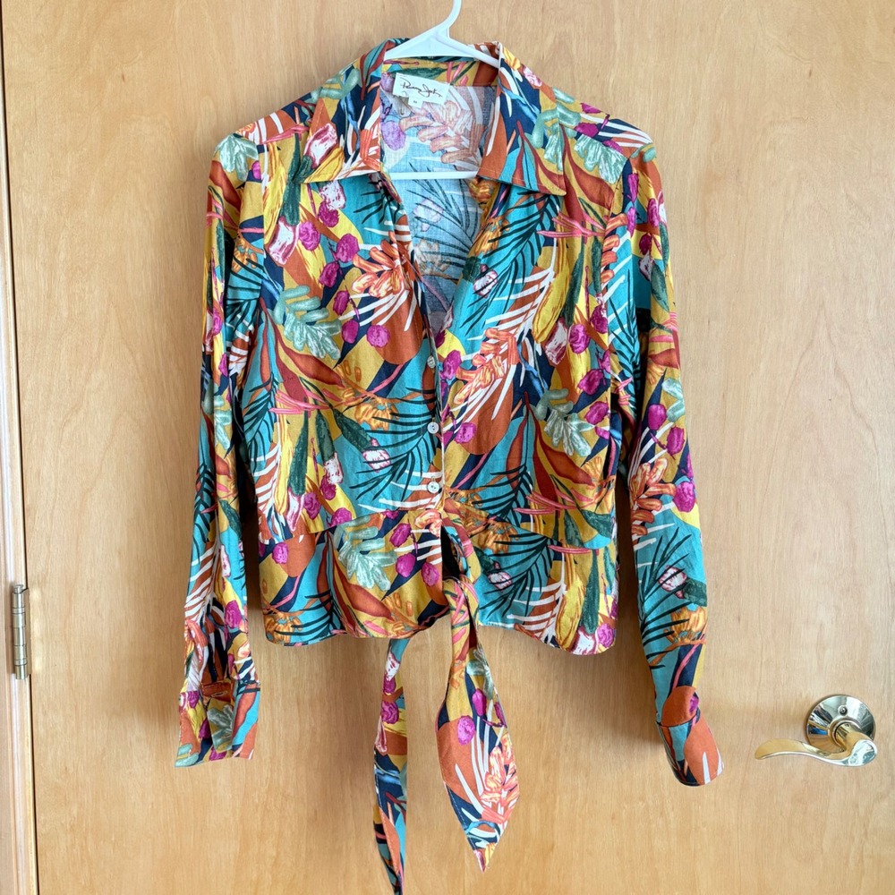 Panama Jack Tropical Floral Linen Blend Tie Front Button Down Shirt Women Medium